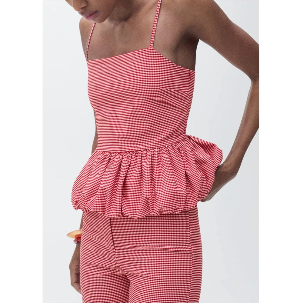 Mango Red & White Gingham Check Peplum Vichy Top Size Medium NWT